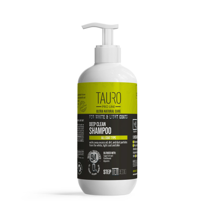TAURO PRO LINE Ultra Natural Care deep clean shampoo for dogs and cats with white, light coat and skin 