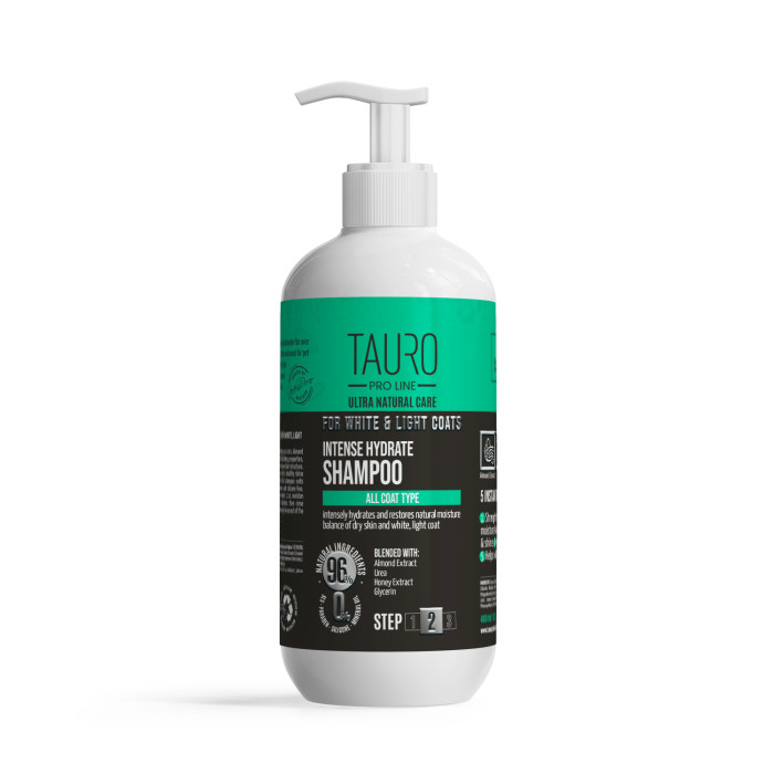 TAURO PRO LINE Ultra Natural Care šampūnas intensyviai drėkinantis šunų ir kačių baltą-šviesų kailį bei odą 