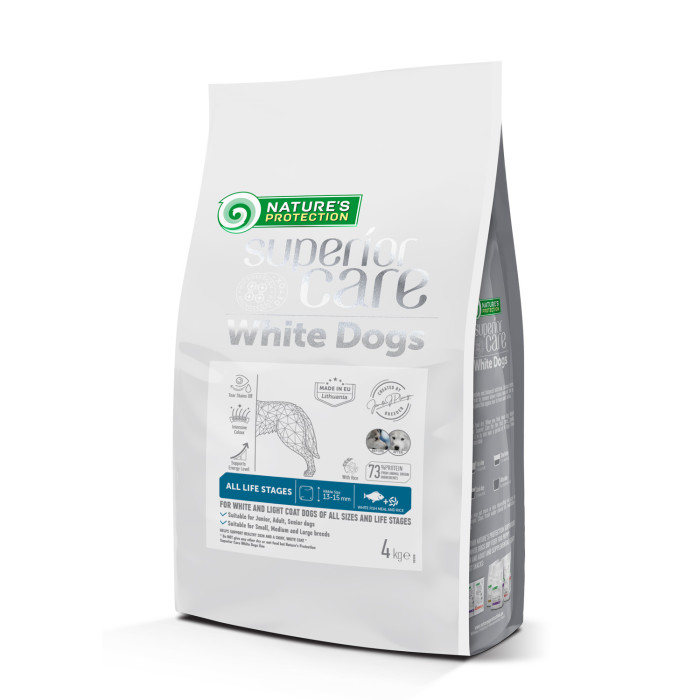 NATURE'S PROTECTION SUPERIOR CARE dry pet food with white fish for dogs of all sizes and life stages with white coat 