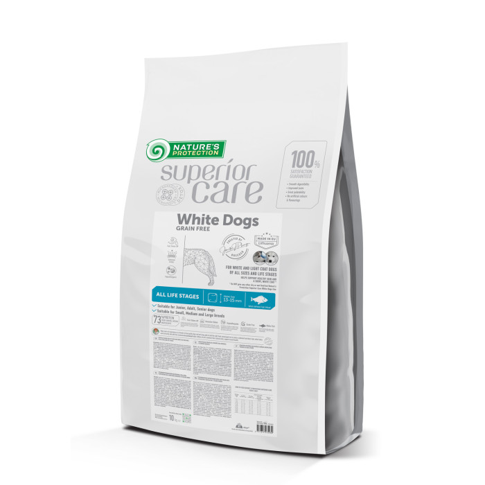 NATURE'S PROTECTION SUPERIOR CARE dry grain free pet food with white fish for dogs of all sizes and life stages with white coat 