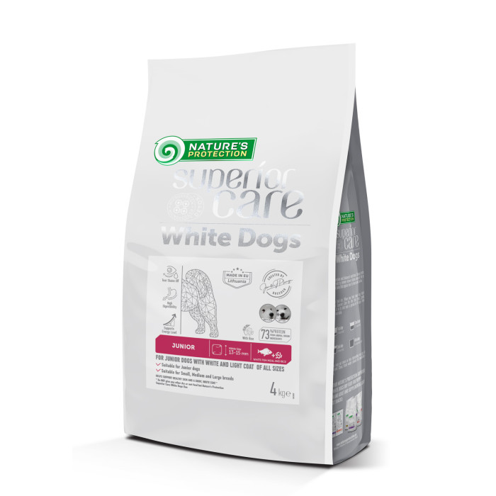 NATURE'S PROTECTION SUPERIOR CARE dry pet food with white fish for growing dogs of all sizes with white coat 
