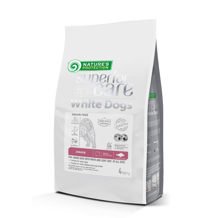 NATURE'S PROTECTION SUPERIOR CARE dry grain free pet food with white fish for growing dogs of all sizes with white coat 
