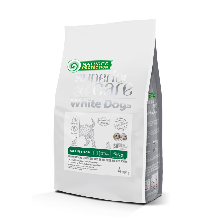NATURE'S PROTECTION SUPERIOR CARE dry pet food with insect for dogs of all sizes and life stages with white coat 
