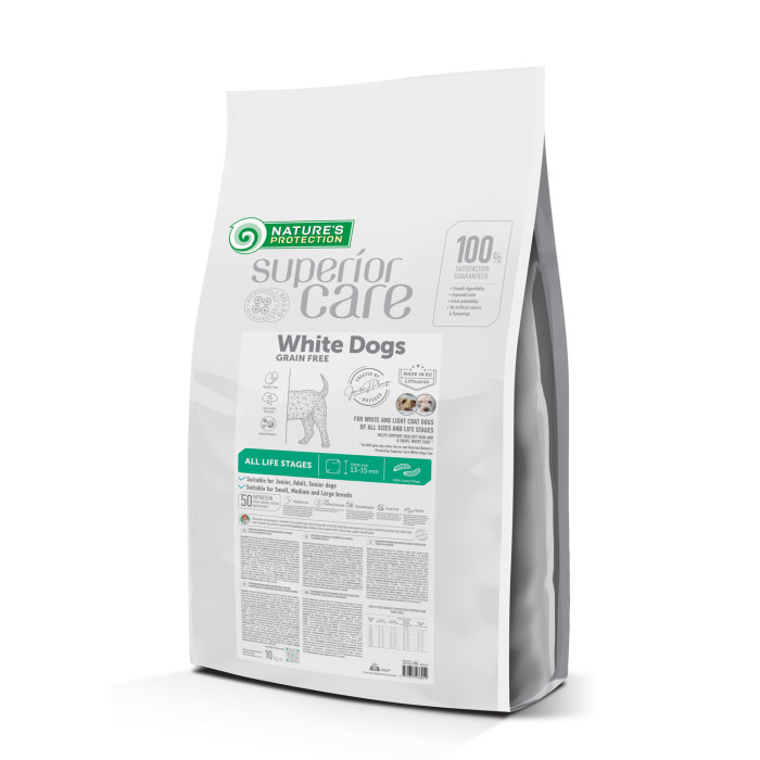 NATURE'S PROTECTION SUPERIOR CARE dry grain free pet food with insect for dogs of all sizes and life stages with white coat 