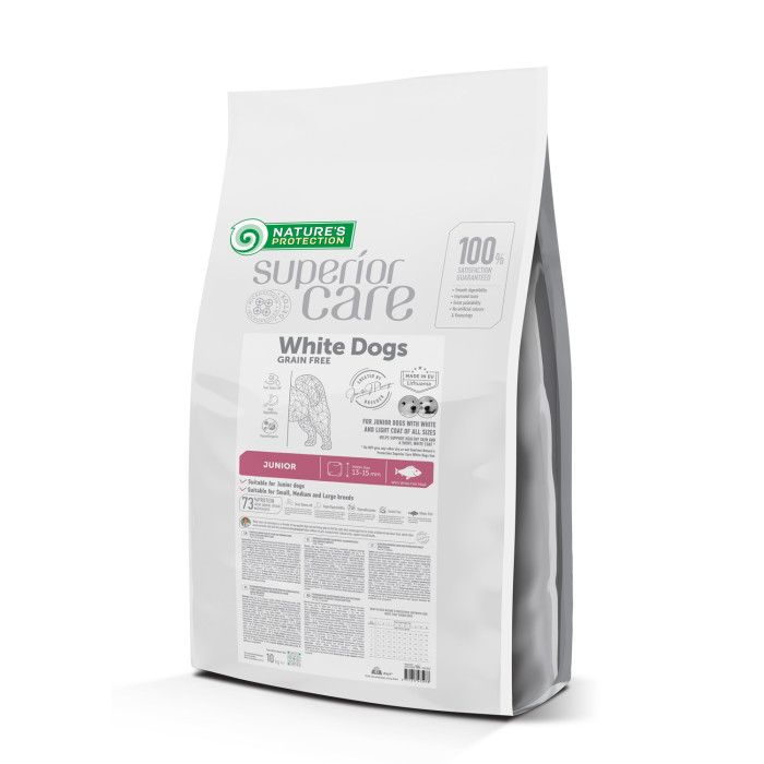 NATURE'S PROTECTION SUPERIOR CARE dry grain free pet food with white fish for growing dogs of all sizes with white coat 