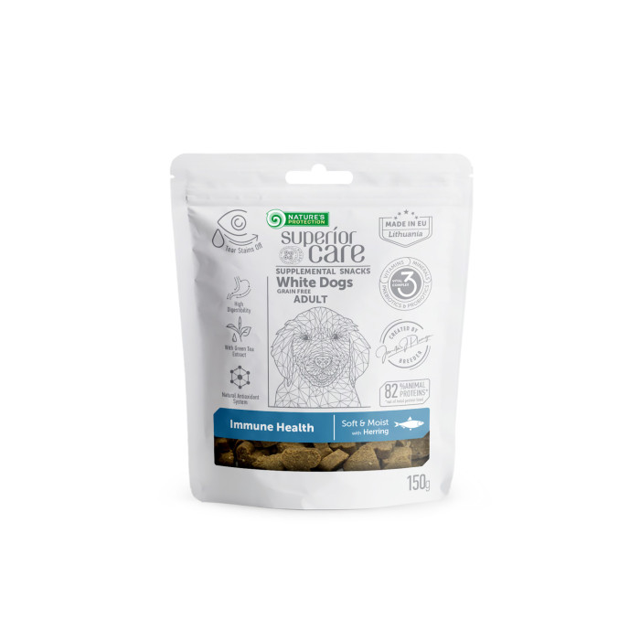 NATURE'S PROTECTION SUPERIOR CARE complementary grain free feed - snacks to support immune health with herring for adult all breed dogs with white coat 