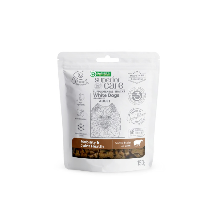 NATURE'S PROTECTION SUPERIOR CARE complementary grain free feed - snacks to support mobility and joint health with lamb for adult all breed dogs with white coat 