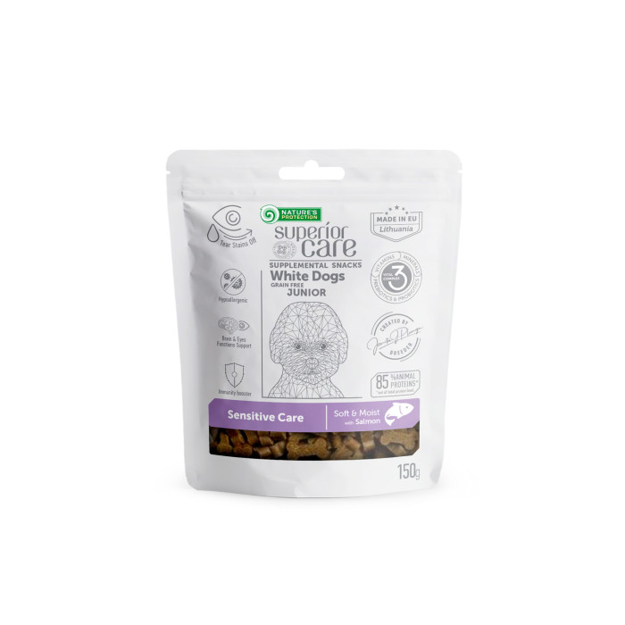 NATURE'S PROTECTION SUPERIOR CARE complementary grain free feed - snacks for sensitive care with salmon for junior all breed dogs with white coat 