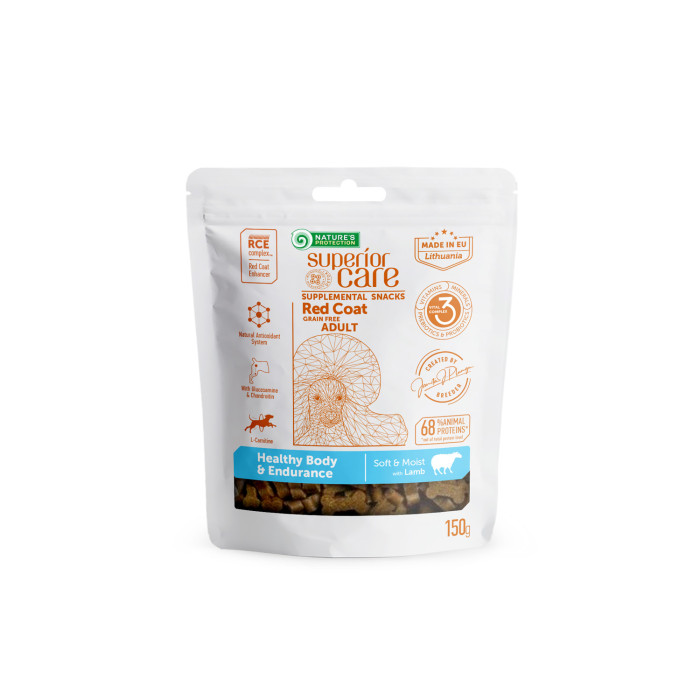 NATURE'S PROTECTION SUPERIOR CARE complementary grain free feed - snacks to support healthy and endurance with lamb for adult all breed dogs with red coat 