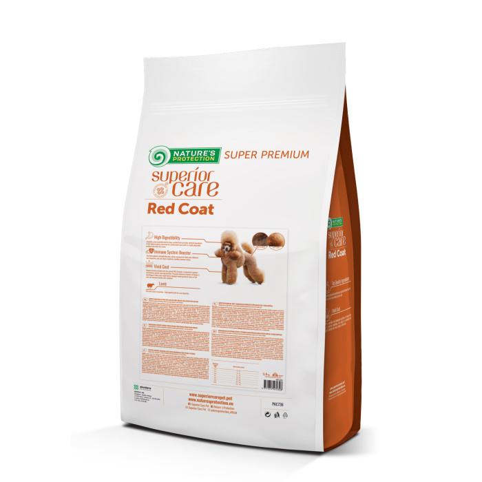 NATURE'S PROTECTION SUPERIOR CARE dry grain free food for adult dogs of small breeds with red coat, with lamb  