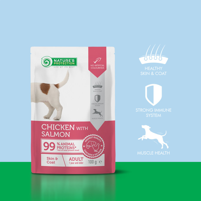 NATURE'S PROTECTION canned pet food with chicken and salmon for adult dogs, to support healthy skin and coat 