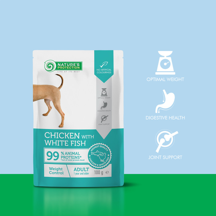 NATURE'S PROTECTION canned pet food with chicken and white fish for adult dogs, for weight contro 