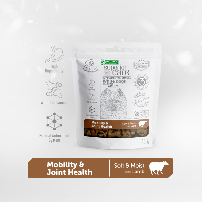 NATURE'S PROTECTION SUPERIOR CARE complementary grain free feed - snacks to support mobility and joint health with lamb for adult all breed dogs with white coat 