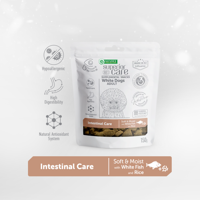 NATURE'S PROTECTION SUPERIOR CARE complementary feed - snacks for intestinal care with white fish and rice for adult all breed dogs with white coat 