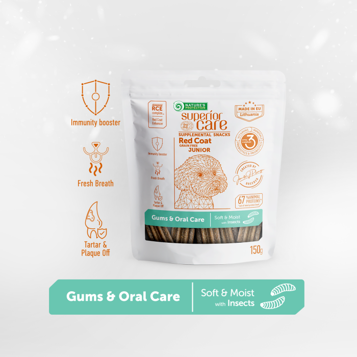 NATURE'S PROTECTION SUPERIOR CARE complementary grain free feed - snacks for free gums and oral care with insects for junior all breed dogs with red coat 