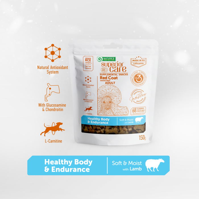 NATURE'S PROTECTION SUPERIOR CARE complementary grain free feed - snacks to support healthy and endurance with lamb for adult all breed dogs with red coat 