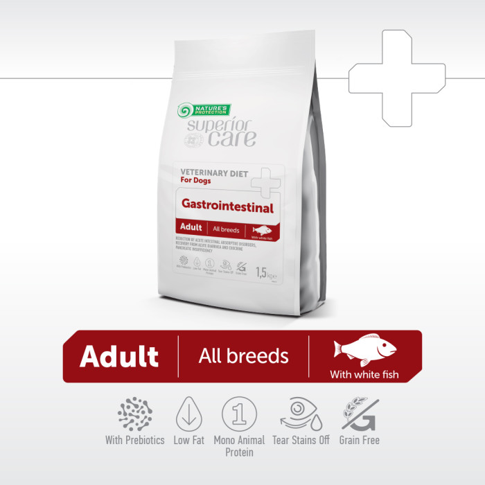 NATURE'S PROTECTION SUPERIOR CARE dry dietetic pet food with white fish for adult dogs of all breeds with digestive disorders 