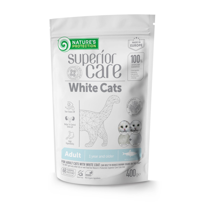 NATURE'S PROTECTION SUPERIOR CARE White Cats Grain Free Herring Adult All Breeds, dry grain free pet food with herring for adult all breed cats with white coat 