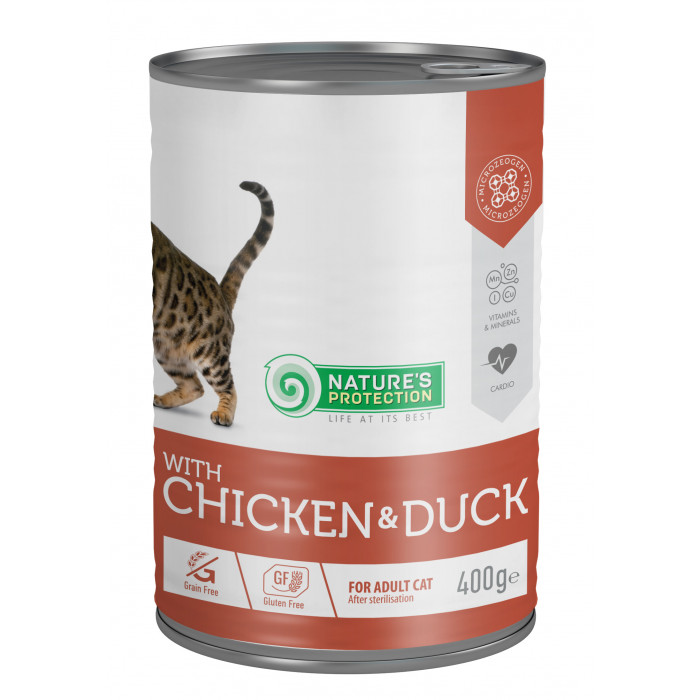 NATURE'S PROTECTION canned pet food for sterilised adult cats with chicken and duck 