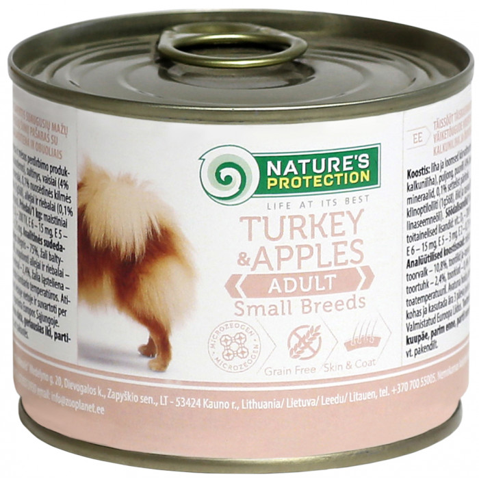 NATURE'S PROTECTION canned pet food for adult small breed dogs with turkey and apples 