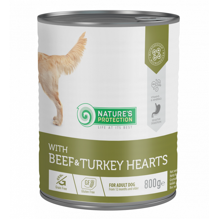 NATURE'S PROTECTION canned pet food for adult dogs with beef and turkey hearts 