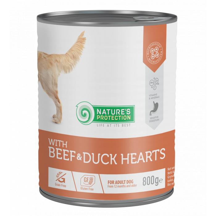 NATURE'S PROTECTION canned pet food for adult dogs with beef and duck hearts 