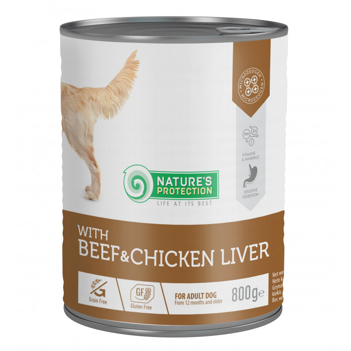 NATURE'S PROTECTION canned pet food for adult dogs with beef and chicken liver 