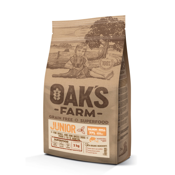 OAK'S FARM dry grain free food for junior dogs of small and mini breeds, with salmon and krill 