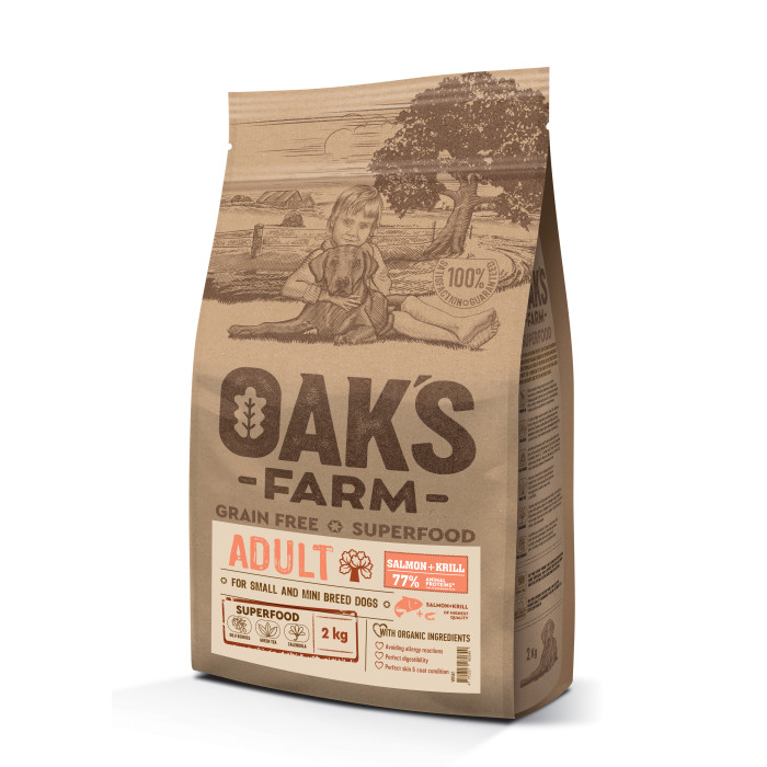 OAK'S FARM dry grain free food for adult, small and mini breed dogs with salmon and krill 