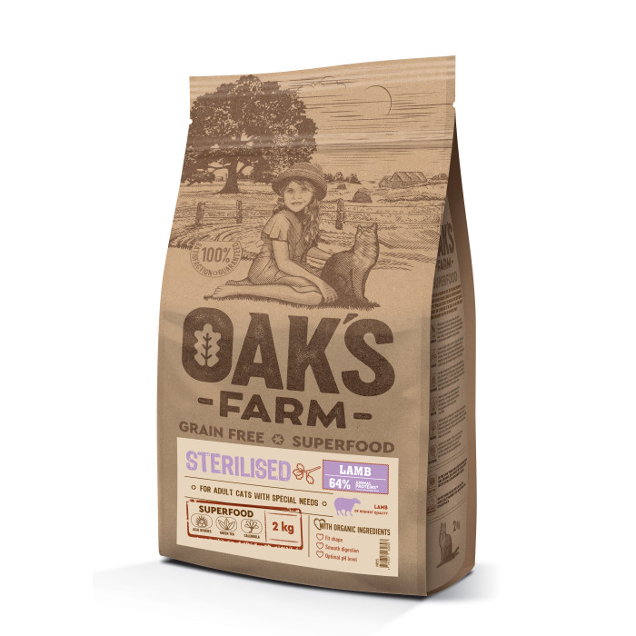 OAK'S FARM dry grain free food for adult cats after sterilisation with lamb  