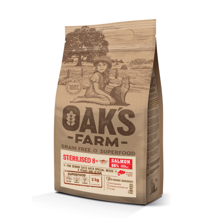OAK'S FARM dry grain free food for senior cats after sterilisation with salmon 