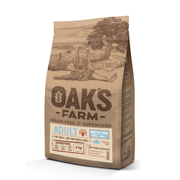 OAK'S FARM dry grain free food for adult, small and mini breed dogs with white fish 