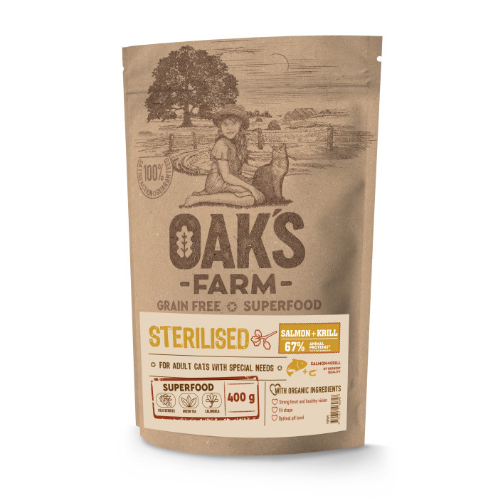 OAK'S FARM dry grain free food for adult cats after sterilisation with salmon and krill 