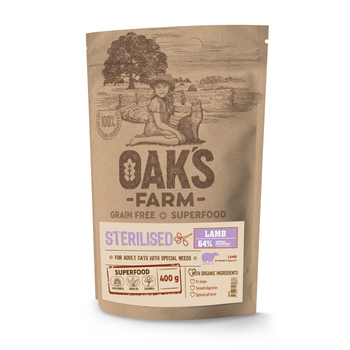 OAK'S FARM dry grain free food for adult cats after sterilisation with lamb  