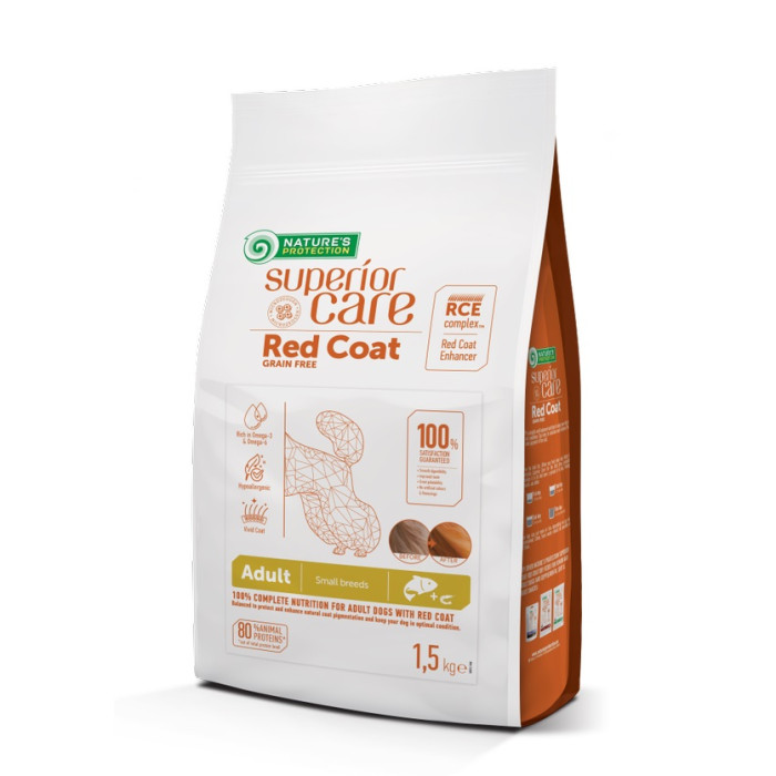 NATURE'S PROTECTION SUPERIOR CARE dry grain free food for adult dogs of small breeds with red coat, with salmon 