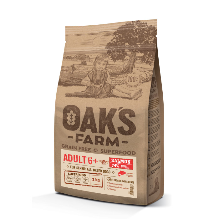 OAK'S FARM dry grain free food for senior dogs of all breeds with salmon 