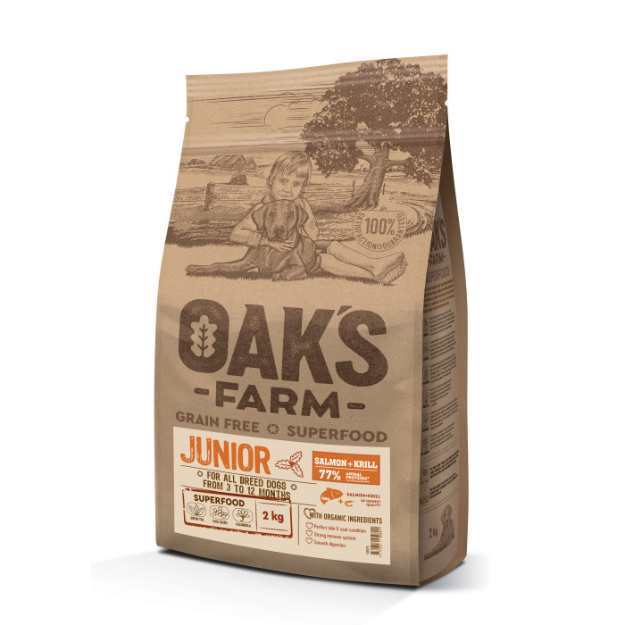 OAK'S FARM dry grain free food for junior dogs of all breeds with salmon and krill 