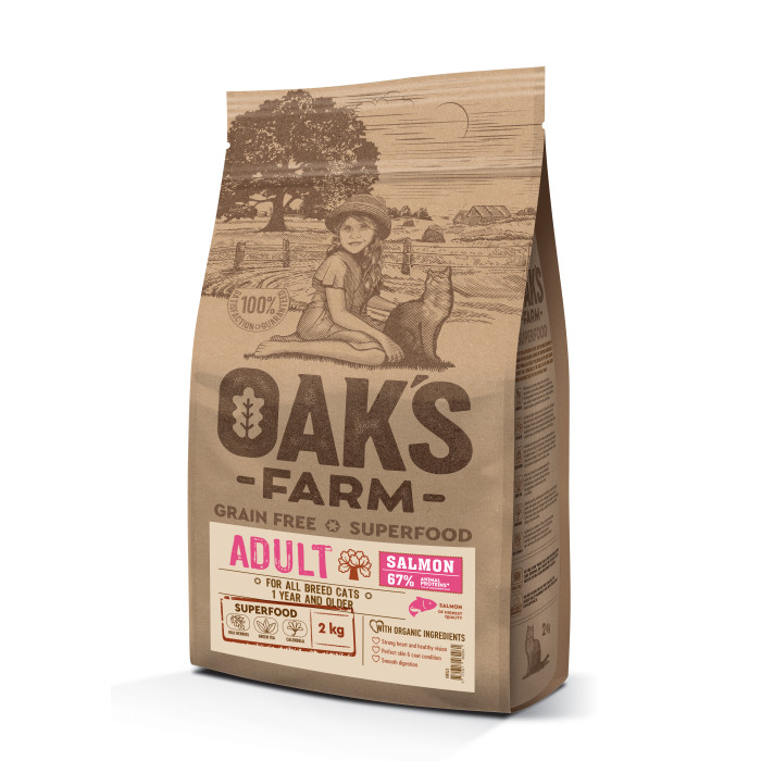 OAK'S FARM dry grain free food for adult cats with salmon 