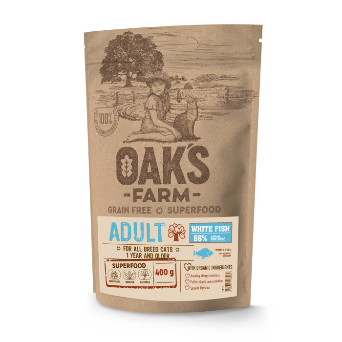OAK'S FARM dry grain free food for adult cats with white fish 
