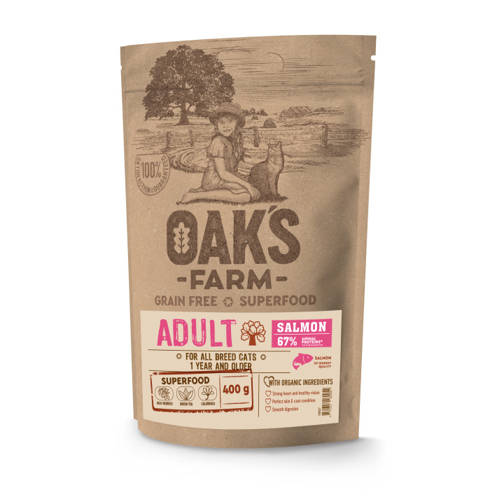 OAK'S FARM dry grain free food for adult cats with salmon 