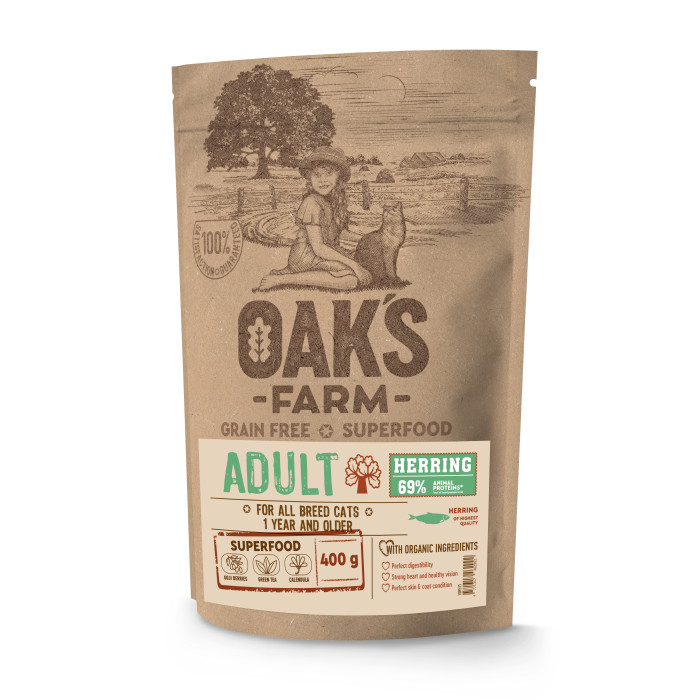 OAK'S FARM dry grain free food for adult cats with herring 
