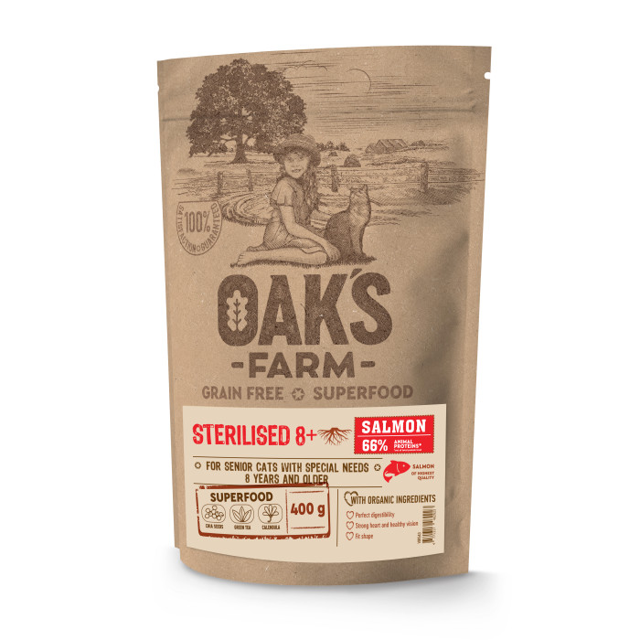 OAK'S FARM dry grain free food for senior cats after sterilisation with salmon 
