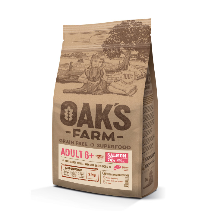 OAK'S FARM dry grain free food for senior dogs of small and mini breeds with salmon 