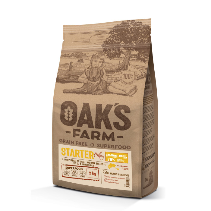 OAK'S FARM dry grain free food for puppies of small and mini breeds with salmon and krill 