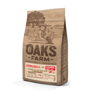 OAK'S FARM dry grain free food for senior cats after sterilisation with salmon 2 kg