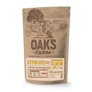 OAK'S FARM dry grain free food for adult cats after sterilisation with salmon and krill 400 g
