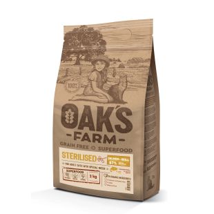 OAK'S FARM сухой беззерновой корм для взрослых стерилизованных кошек, с лососем и крилем 2 кг