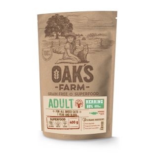 OAK'S FARM сухой беззерновой корм для взрослых кошек, с селедкой 400 g